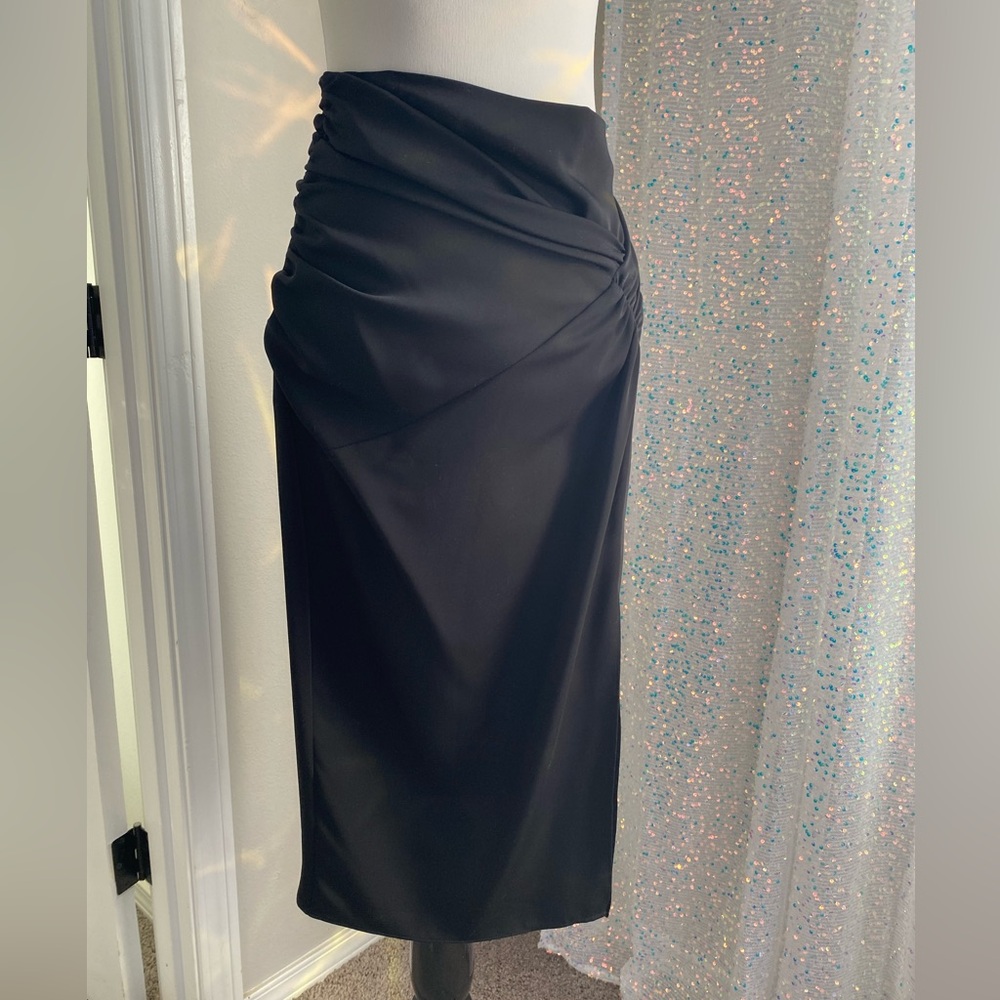 ZARA Deep slit Black satin Midi skirt Sz Small 2 4 very sexy